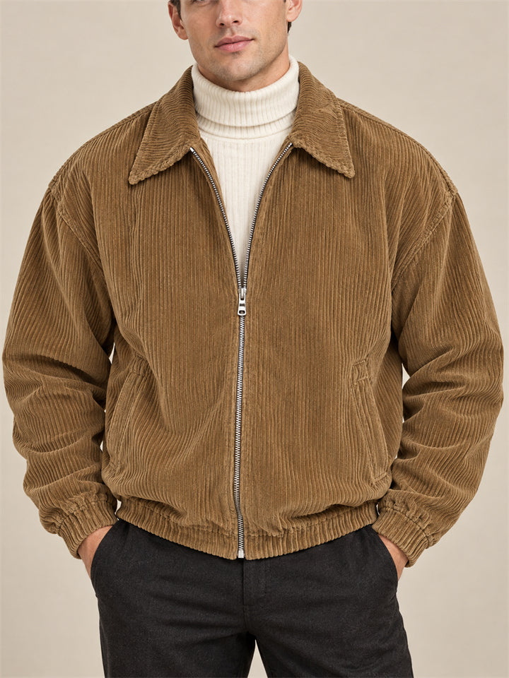 Men Casual Corduroy Zip Up Collared Bomber Jacket