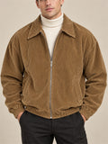Men Casual Corduroy Zip Up Collared Bomber Jacket
