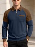 Men Waffle Knit Polo Shirt Zip Up Color Block Long Sleeve Top