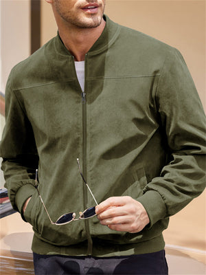 Men's Fashion Stand Up Collar Zip Up Suede Jacket