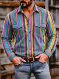 Men Striped Button Down Long Sleeve Chest Pocket Shirts