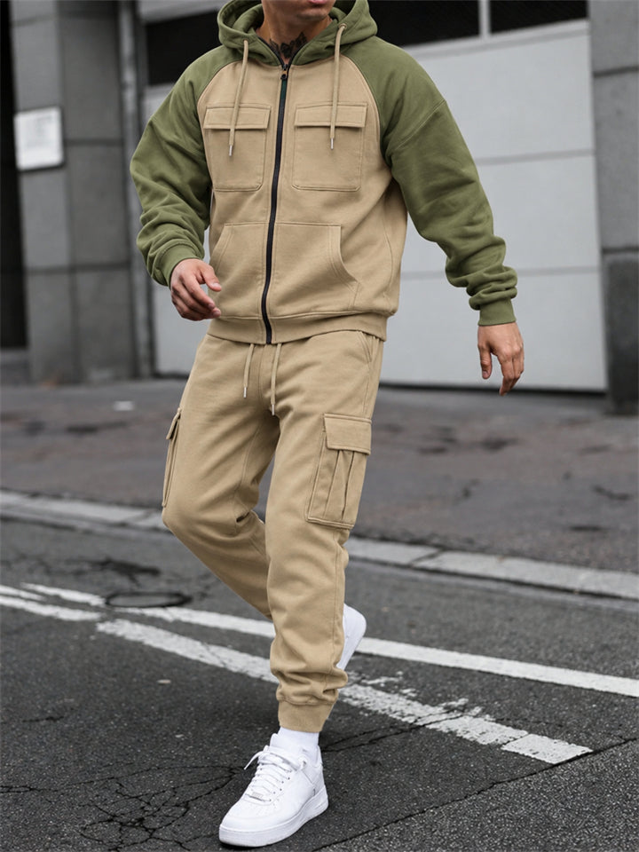 Men Color Block Hoodie and Cargo Jogger Pants Two Piece Outdoor Tracksuit