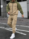 Men Color Block Hoodie and Cargo Jogger Pants Two Piece Outdoor Tracksuit