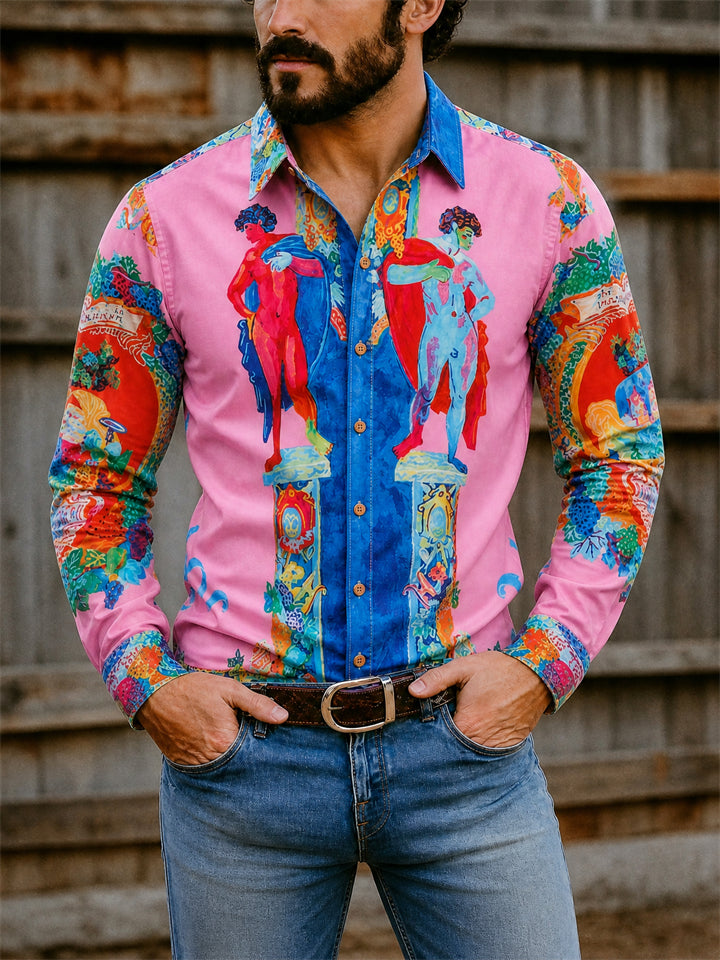 Men Renaissance Baroque Art Print Long Sleeve Button Up Shirt