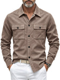 Men Autumn Faux Suede Button Down Chest Pockets Shirt Jacket