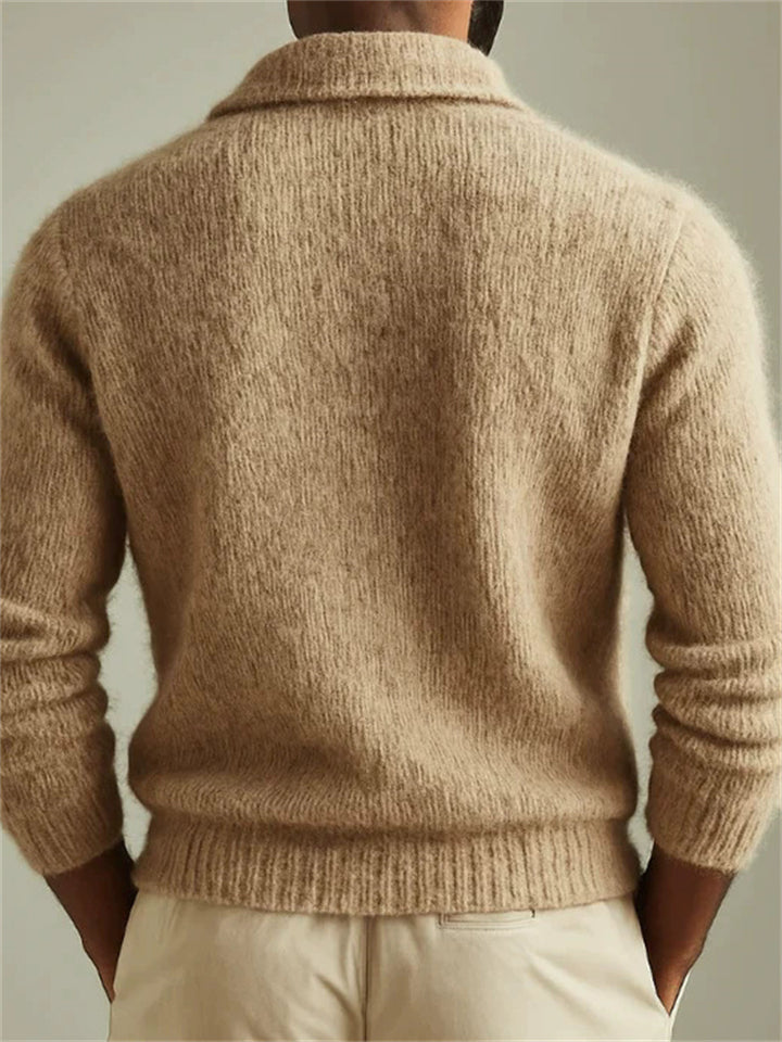 Men Fuzzy Knit Cardigan Button Down Collared Long Sleeve Sweater