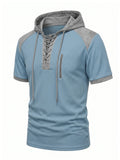 Men Waffle Knit Hooded Lace Up Short Sleeve Casual Shirt