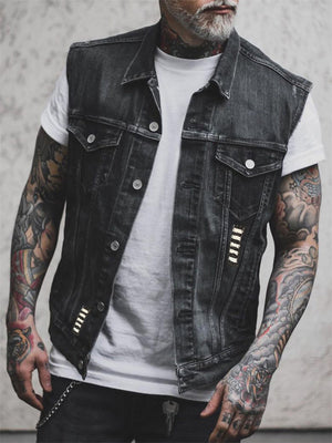 Men's Rock Biker Denim Vest with Hell Rider Print