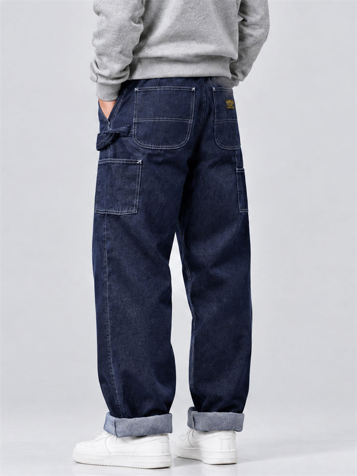 Men Loose Fit Wide Leg Denim Carpenter Jeans Work Pants