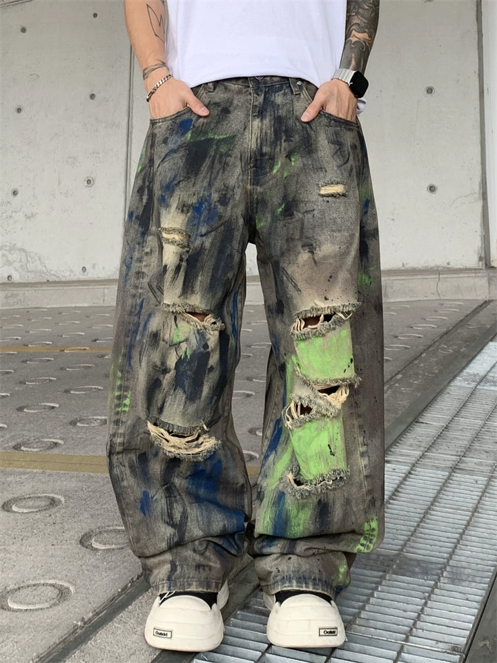 Men's Streetwear Graffiti Print Scimitar Ripped Jeans