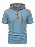 Men Waffle Knit Hooded Lace Up Short Sleeve Casual Shirt