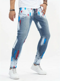 Men Streetwear Painted Print Skinny Jeans Stretch Denim Pants