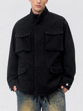Men Cotton Washed Zip Up Multi Pocket Drawstring Cargo Coat