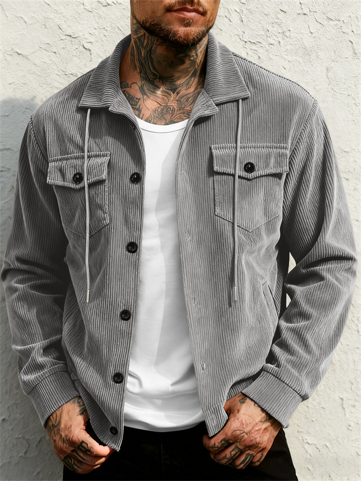 Men Corduroy Button Down Chest Pockets Casual Shirt Jacket