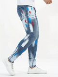 Men Streetwear Painted Print Skinny Jeans Stretch Denim Pants