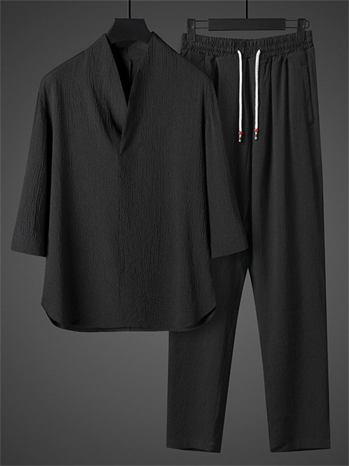 Men's Cool Zen Style Stand Collar Half Sleeve 2Pcs Outfits