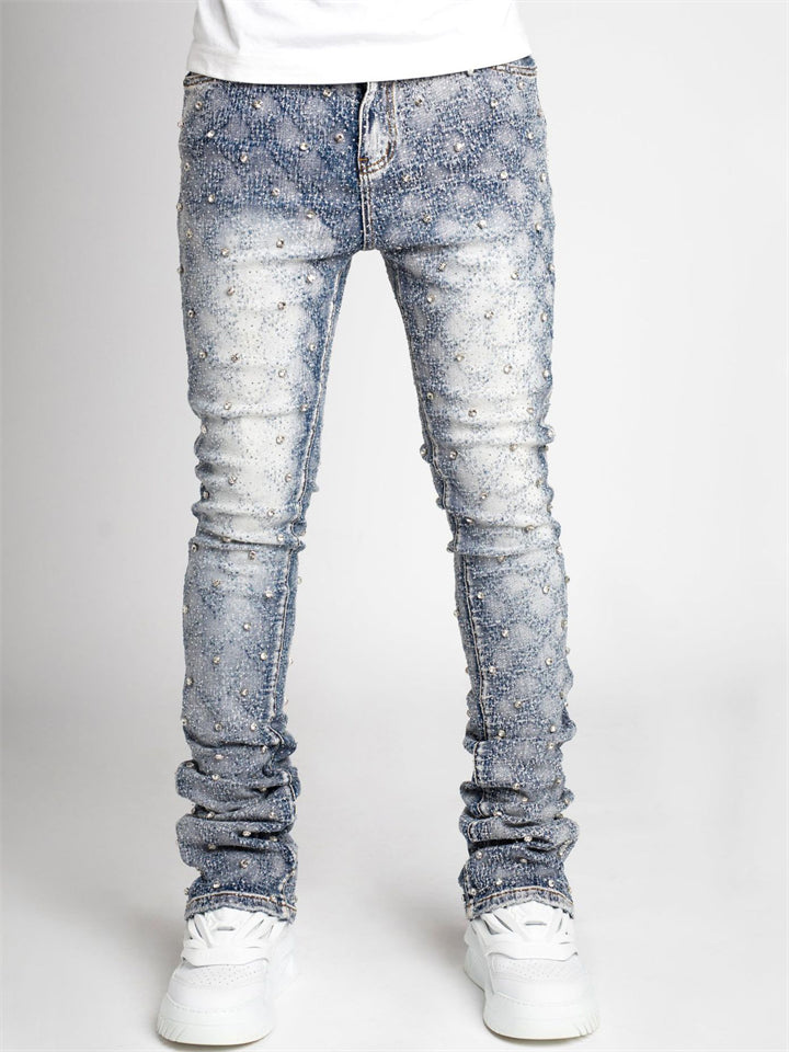 Men's High Waist Stretchy Beads Decorated Skinny Jeans