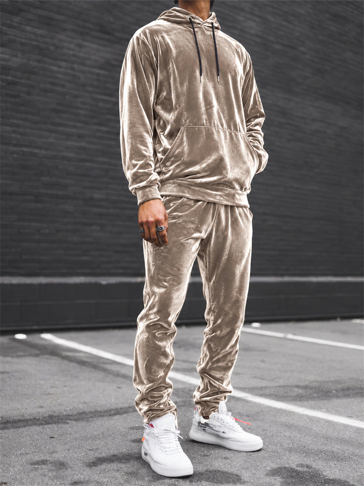 Men Velvet Kangaroo Pocket Hoodie and Jogger Pants Tracksuit Set