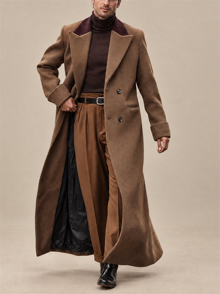 Men Stylish Contrast Collar Wool Blend Overcoat Long Double Breasted Coat