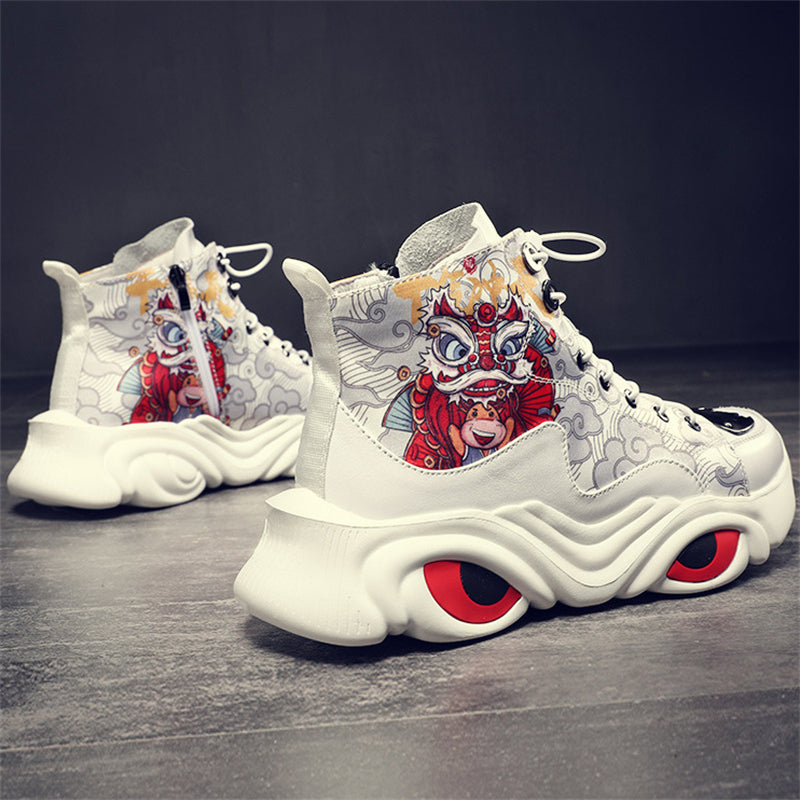 Men's Lion Dance Print Red-Eyed Kylin High-Top Sneakers