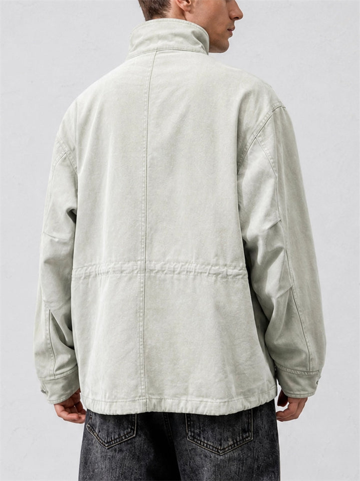 Men Cotton Washed Zip Up Multi Pocket Drawstring Cargo Coat