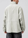 Men Cotton Washed Zip Up Multi Pocket Drawstring Cargo Coat