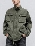 Men Cotton Washed Zip Up Multi Pocket Drawstring Cargo Coat