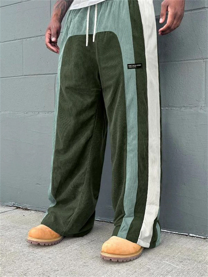 Men's Casual Loose Color Block Patchwork Striped Corduroy Pants