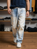 Men Streetwear Wash Jeans Vintage Straight Leg Denim Pants