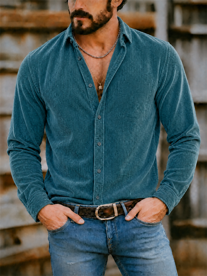 Men's Autumn Solid Color Lapel Long Sleeve Corduroy Shirts