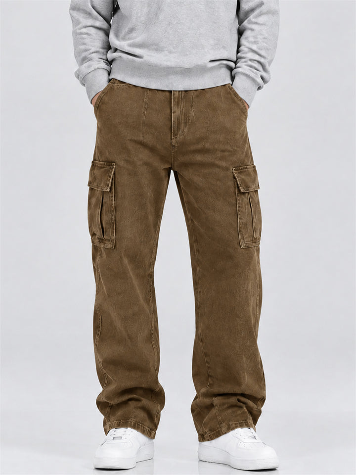 Men Vintage Straight Leg Multi Pocket Cargo Denim Pants