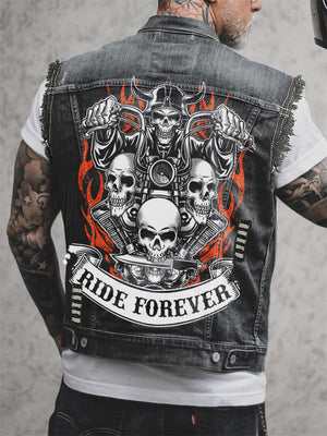 Black Punk Style Skull Flame Print Denim Vest for Men