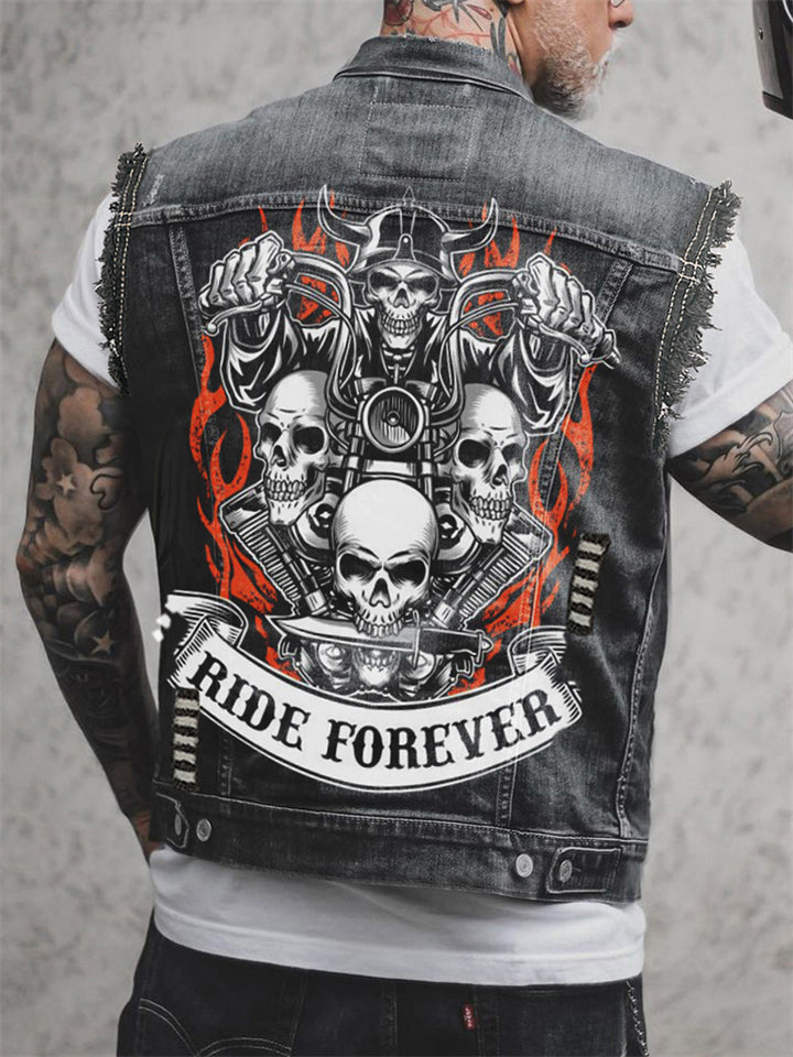 Men's Punk Style Skull Flame Print Denim Vest