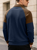 Men Waffle Knit Polo Shirt Zip Up Color Block Long Sleeve Top