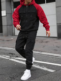 Men Color Block Hoodie and Cargo Jogger Pants Two Piece Outdoor Tracksuit