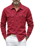 Men Autumn Faux Suede Button Down Chest Pockets Shirt Jacket