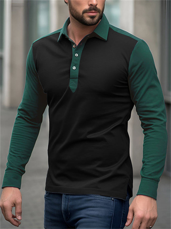 Men's Splicing Contrast Color Long Sleeved Polo Shirt