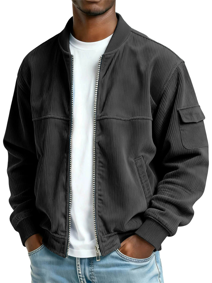 Men Corduroy Zip Up Cargo Pocket Flight Bomber Jacket