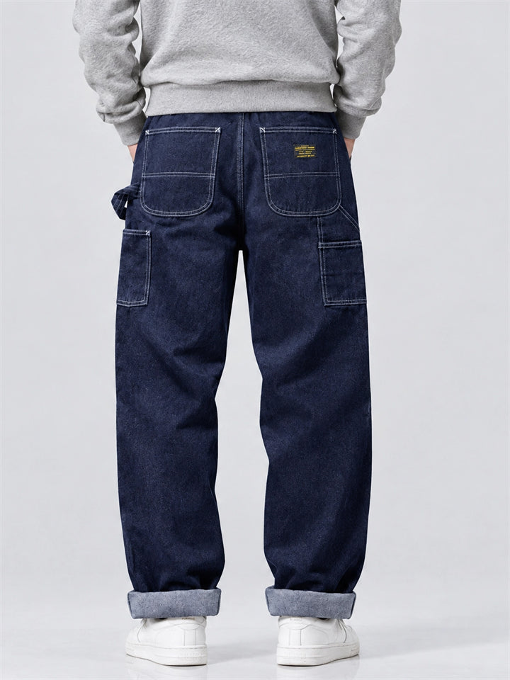 Men Loose Fit Wide Leg Denim Carpenter Jeans Work Pants