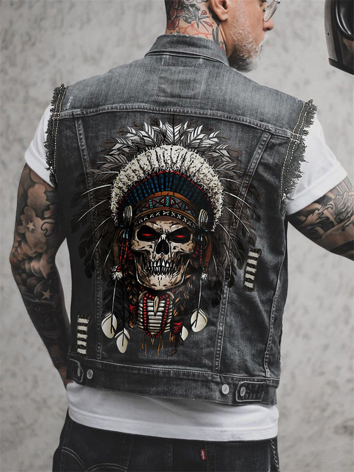 Men's Street Style Chief Skull Print Denim Vest