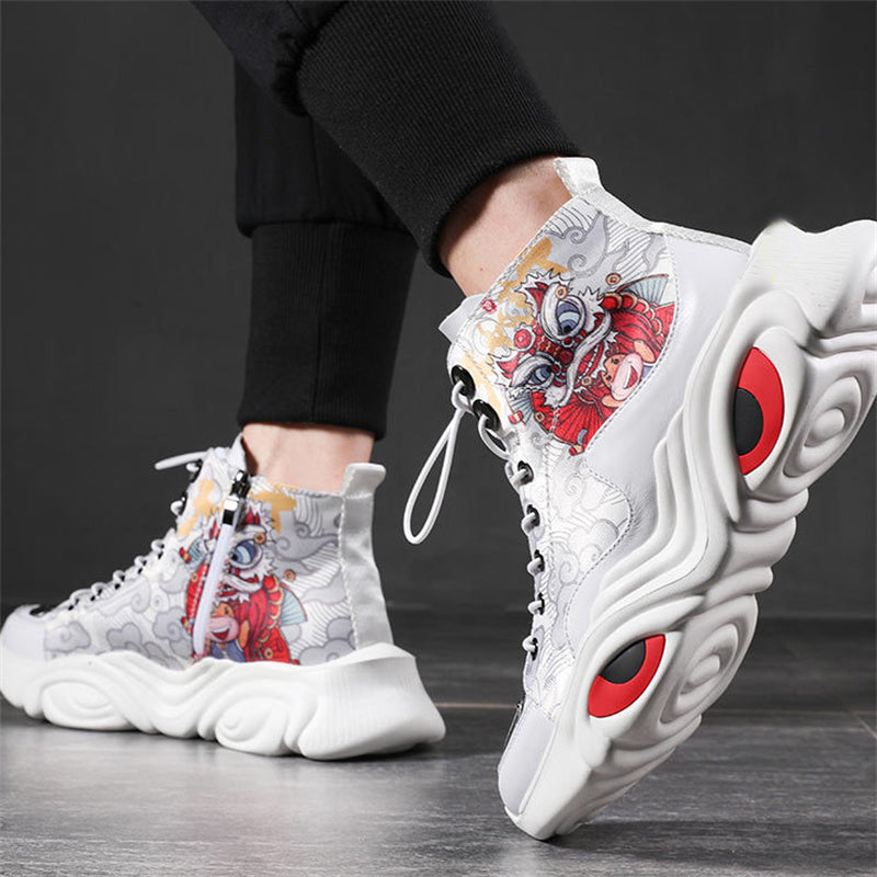 Men's Lion Dance Print Red-Eyed Kylin High-Top Sneakers