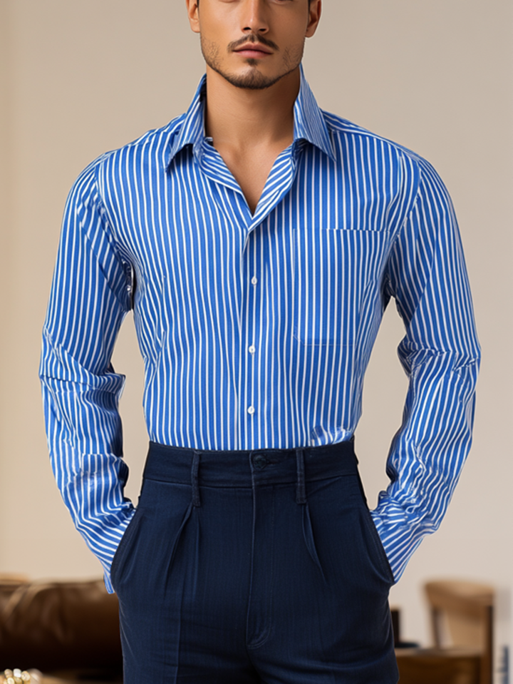 Men's Lapel Striped Button Up Long Sleeve Vacation Party Shirt