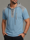 Men Waffle Knit Hooded Lace Up Short Sleeve Casual Shirt