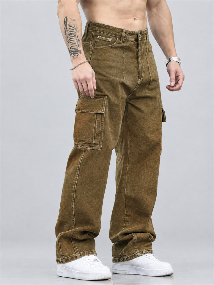 Men Vintage Straight Leg Multi Pocket Cargo Denim Pants