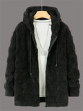 Men Fleece Hoodie Checkered Full Zip Autumn Winter Jacket