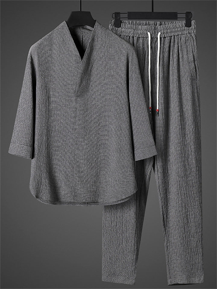 Men's Cool Zen Style Stand Collar Half Sleeve 2Pcs Outfits