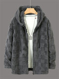 Men Fleece Hoodie Checkered Full Zip Autumn Winter Jacket