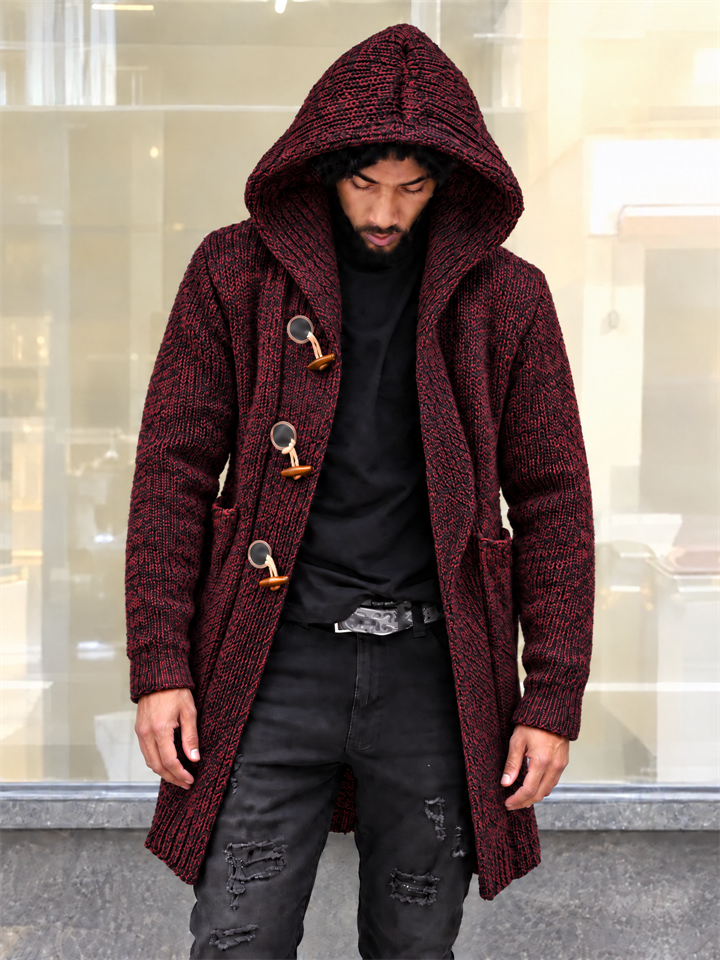 Men's Vintage Hooded Sweater Jacket with Horn Buttons