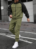 Men Color Block Hoodie and Cargo Jogger Pants Two Piece Outdoor Tracksuit