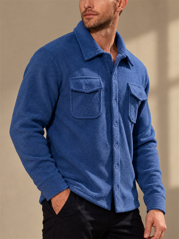 Men Fleece Shirt Jacket Button Down Chest Pockets Casual Shacket